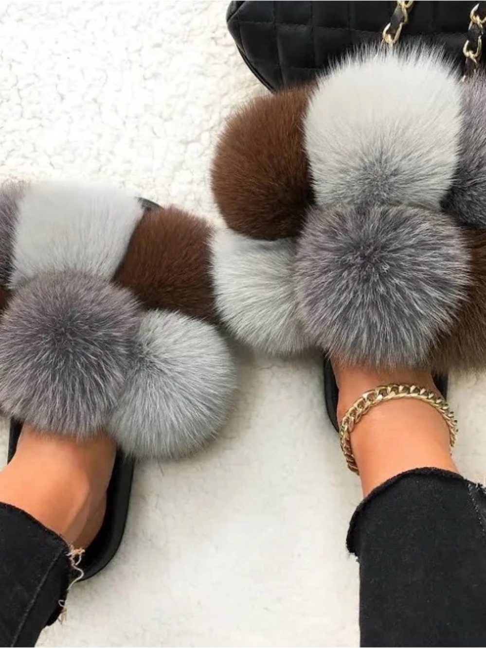 Plush Pom-Pom Slide Sandals in Gray and Brown - Women
